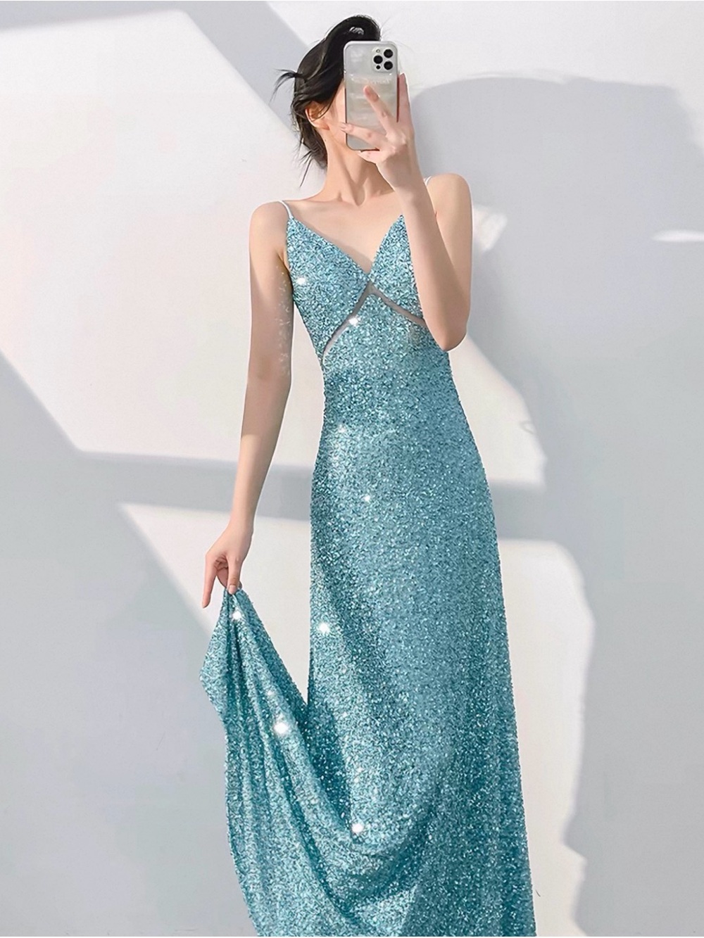 Sparkling Aqua Sequin Evening Gown - Sleeveless V-Neck